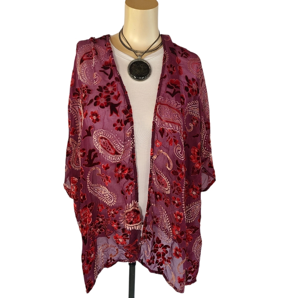 UMGEE Burnout Velvet Kimono M/L Burgundy Paisley Floral Boho Sheer